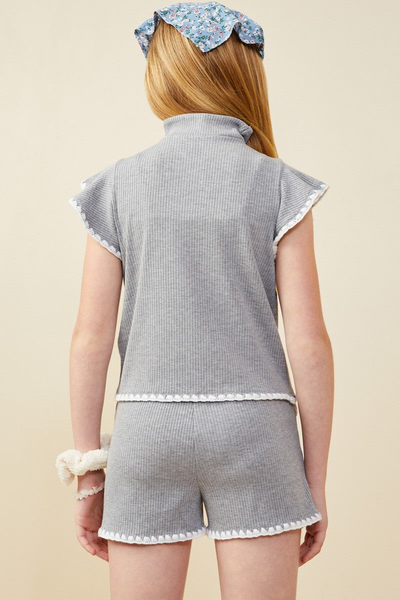 Girls Grey Contrast Knit Shorts Set