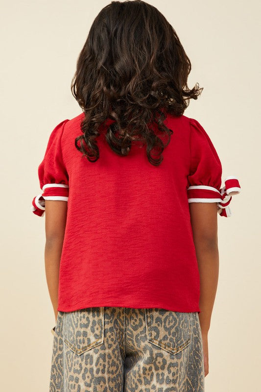 Girls Red Contrast Piped Tie Sleeve Top