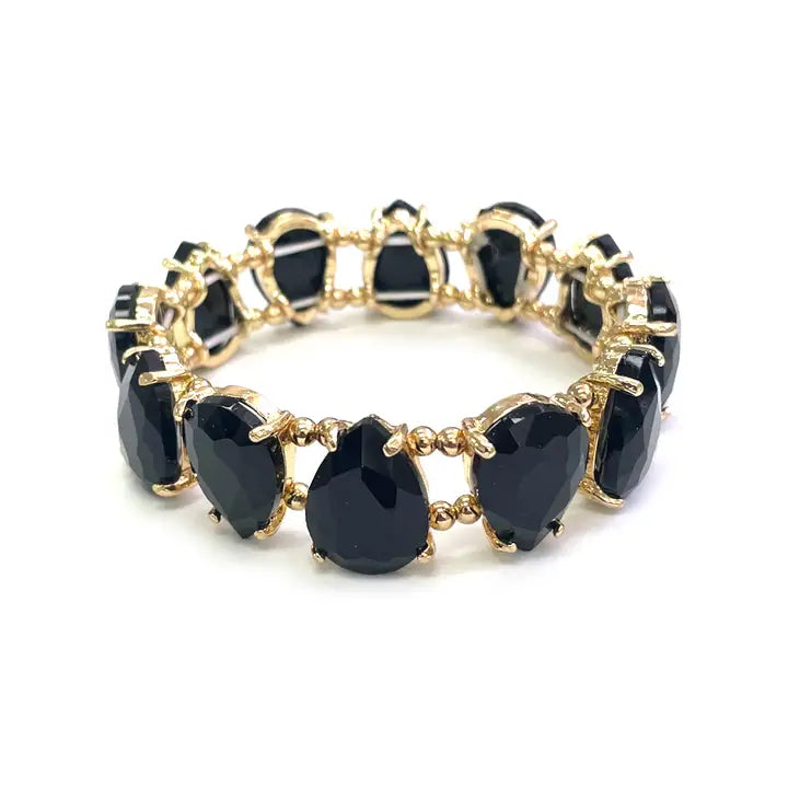Black Glass Teardrop Crystal Stretch Bracelet