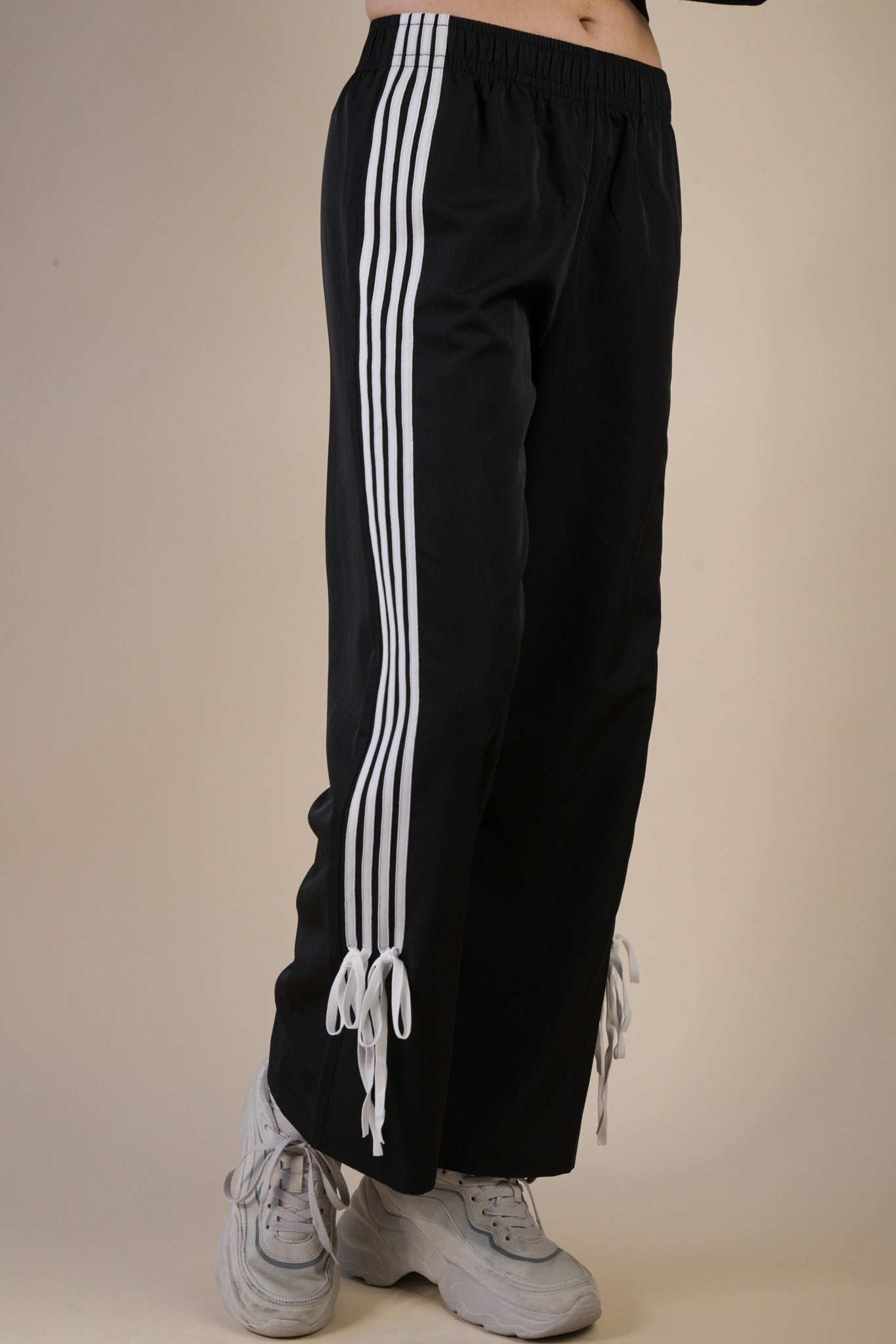 Side Ribbon Detail Black Jersey Pant