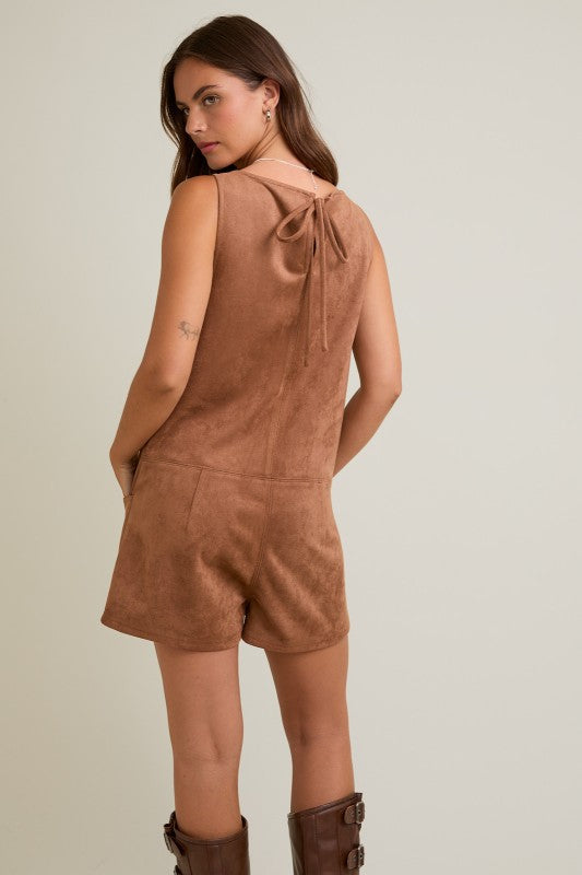 Boat Neck Faux Suede Shorts Romper