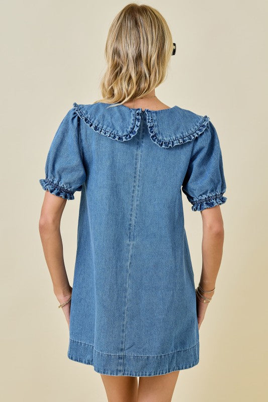 Denim Mini Dress with Oversized Collar
