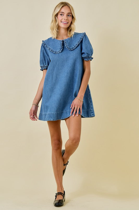 Denim Mini Dress with Oversized Collar