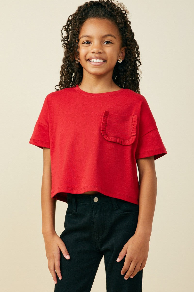Girls Red Ruffle Pocket Knit Top