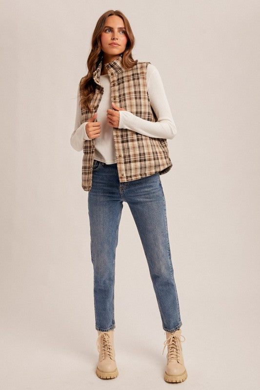 Plaid Puff Snap Button Down Vest