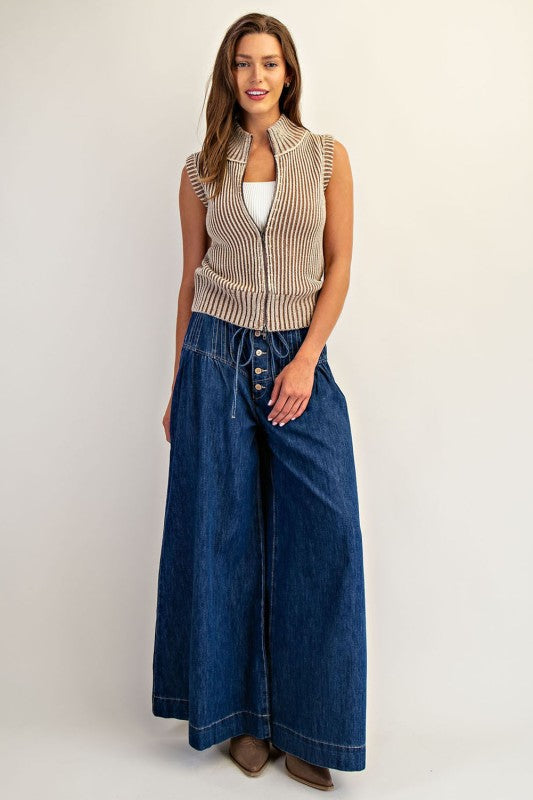 Two Tone Ribbed Zip Up Sweater Vest