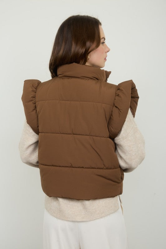 Brown Flutter Sleeve Bow Puffer Vest