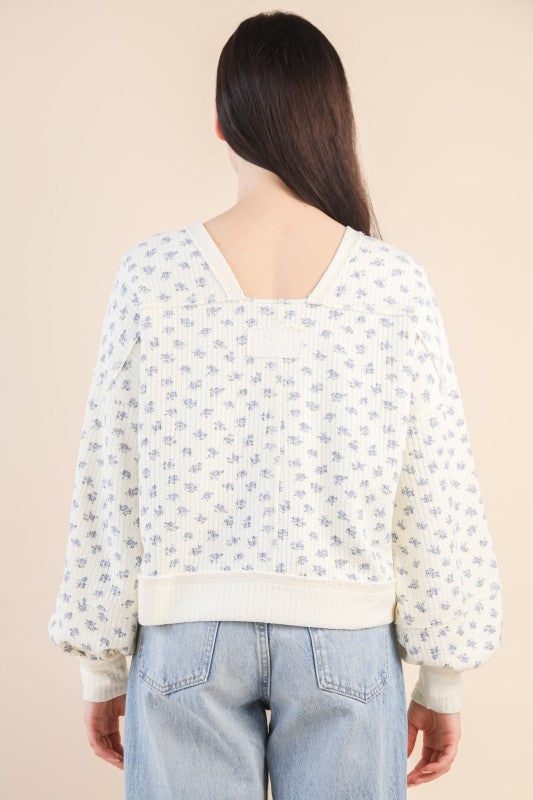 Cream & Blue Floral Knit Top