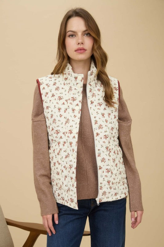 Floral Quilted Zip Up Puffer Vest