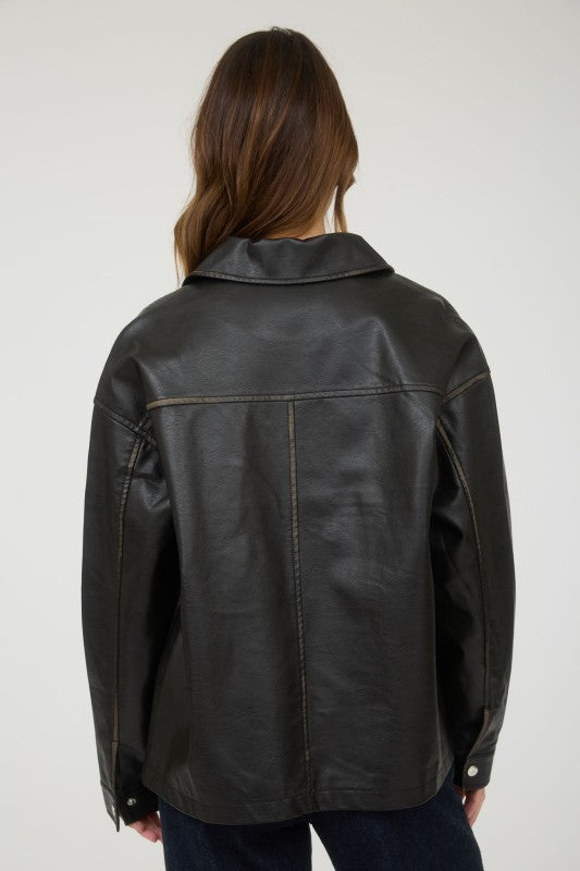 Black Washed Faux Leather Collared Zip-up Jacket