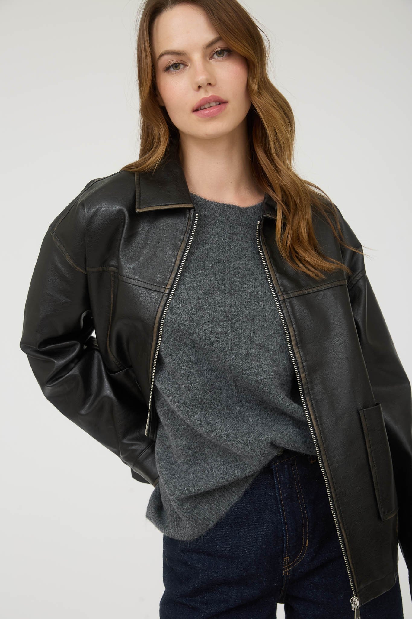 Black Washed Faux Leather Collared Zip-up Jacket