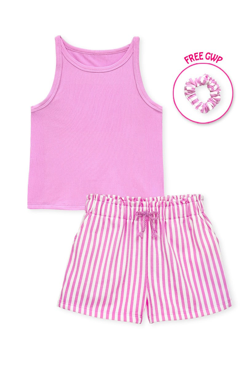Girls Pink Stripe Short & Tank Top Set