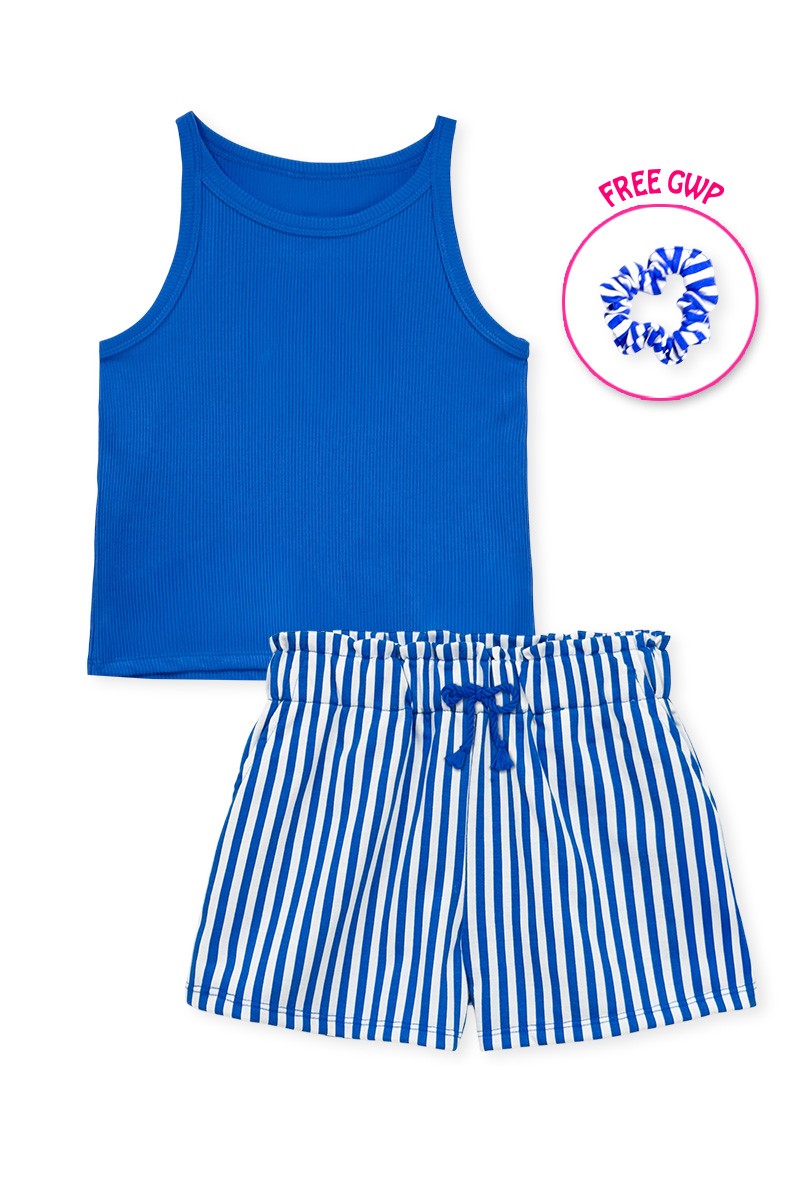 Girls Blue Stripe Short & Tank Top Set