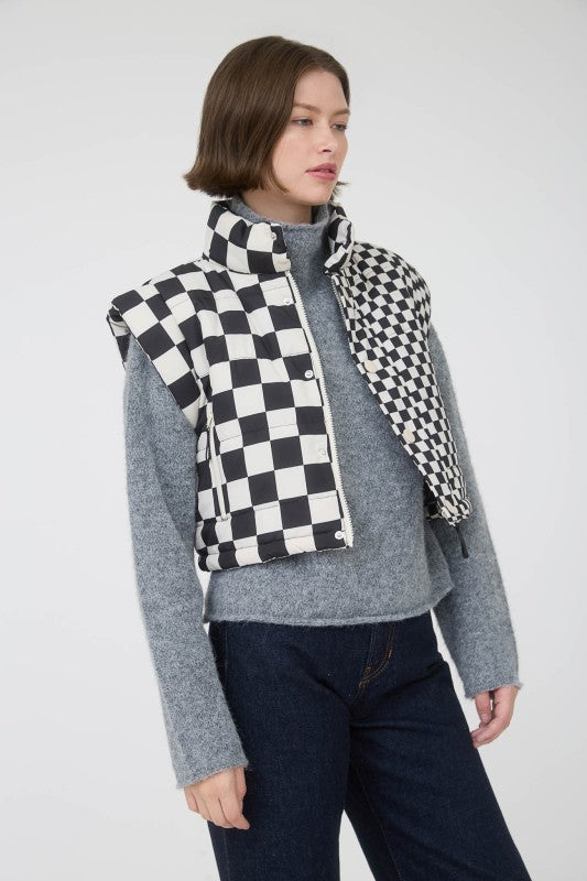 Black Checkered Crop Puffer Vest
