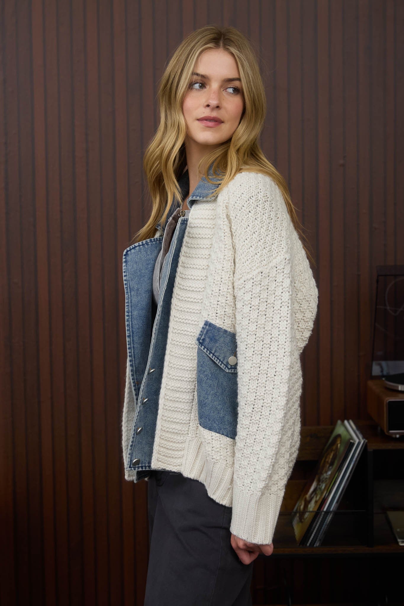 Mixed Media Cable Knit Denim Trim Jacket
