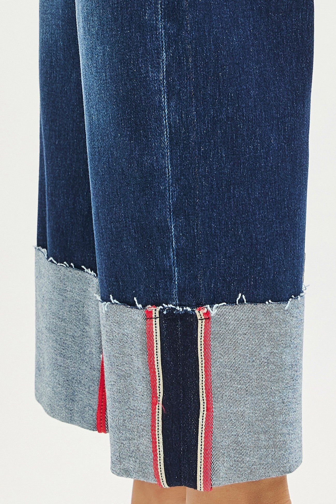 Risen TC Mid Rise Crop Wide Cuff Red Stitch Jeans- Deep Blue