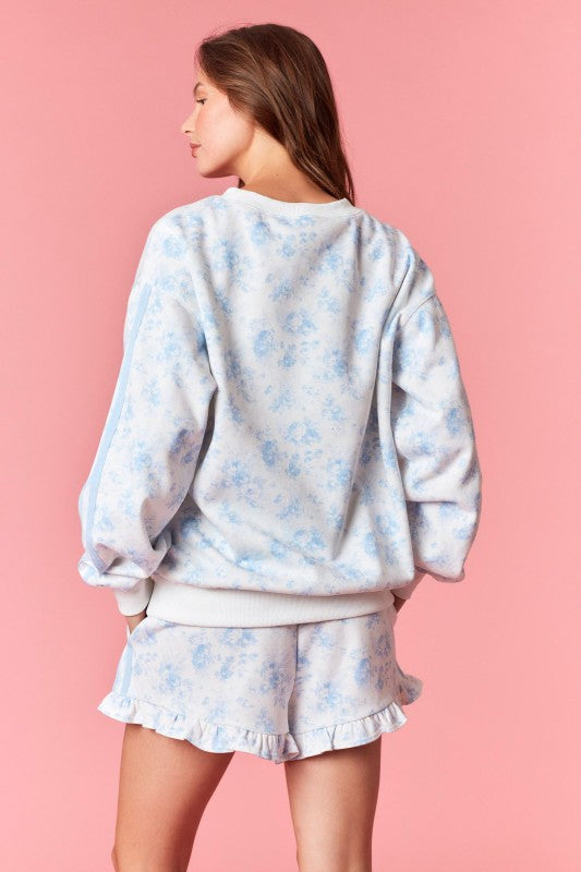 Light Blue Floral Double Line French Terry Sweatshirt
