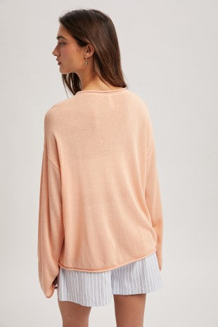 Lightweight Rolled Hem Sweater- Melon