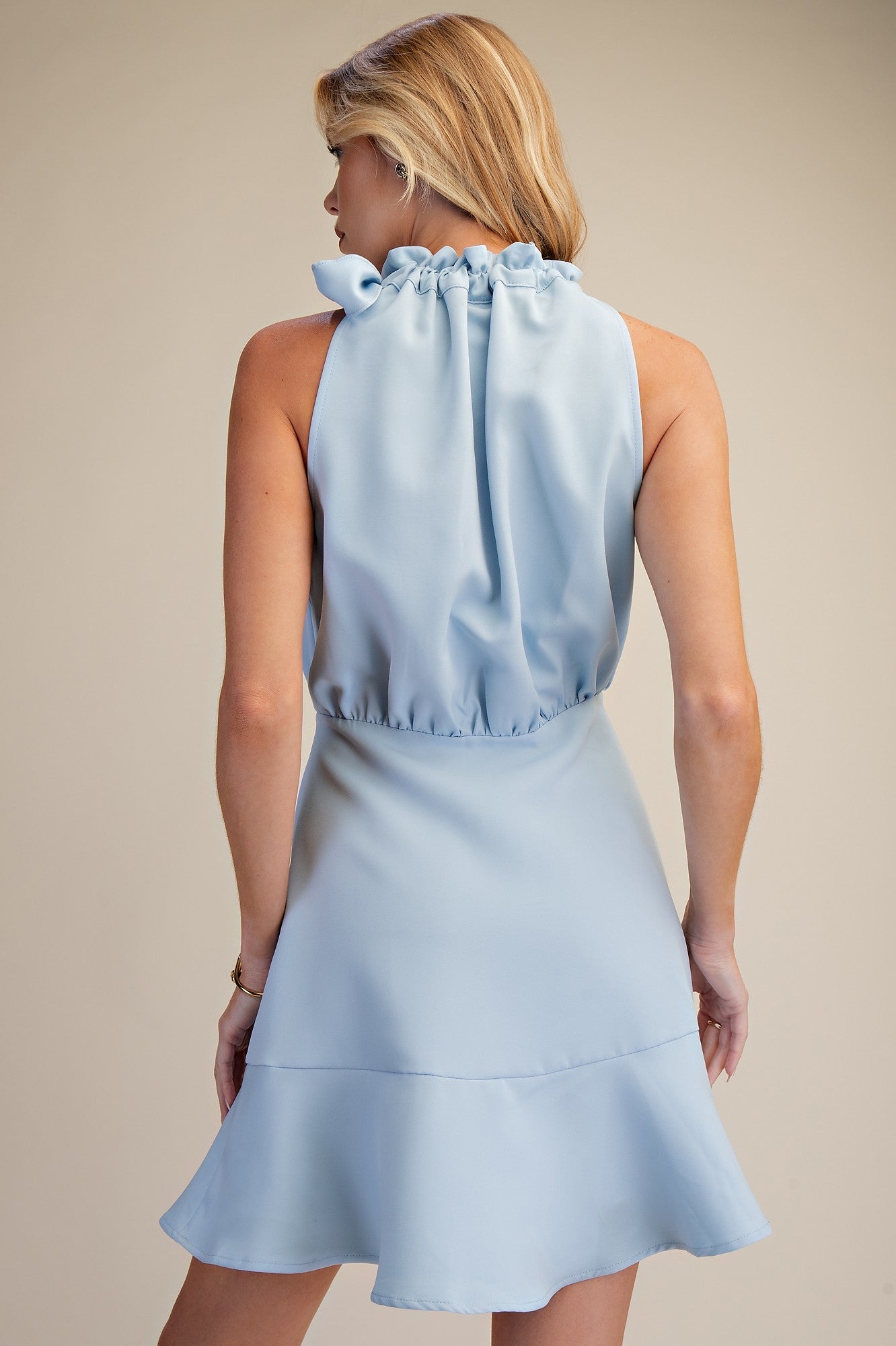 Sky Bow Tie Sleeveless Flounced Hem Mini Dress