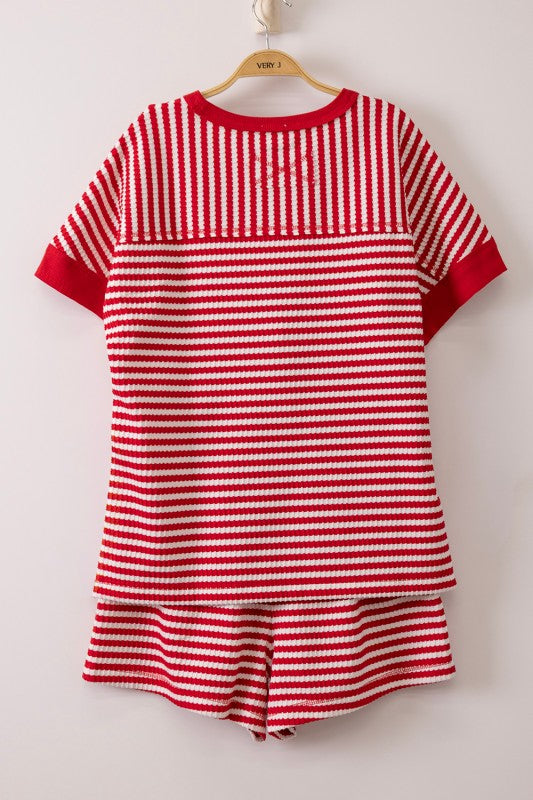 Striped Comfy Knit Short Set- Red