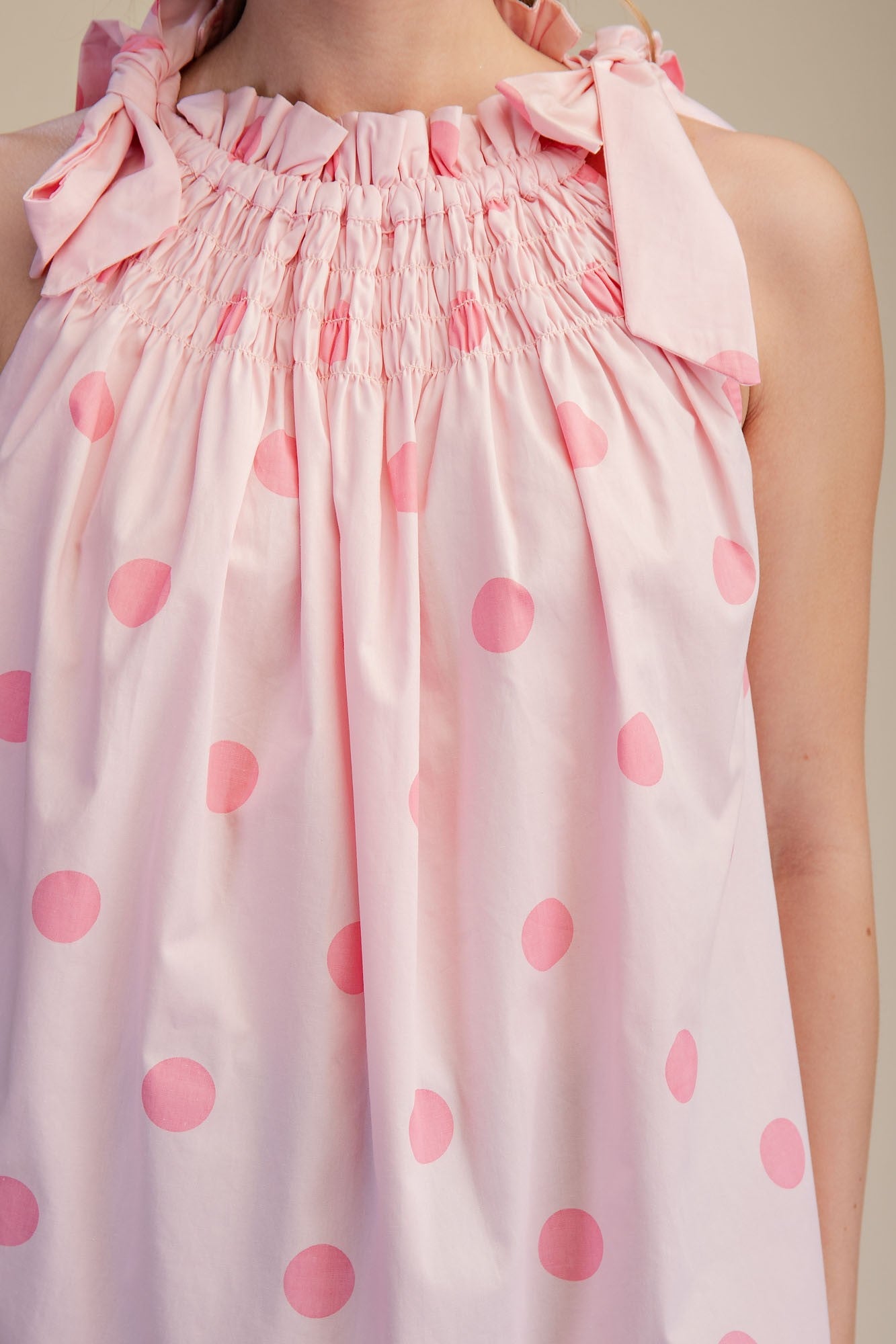 Tie Strap Smocked Polka Dot Top