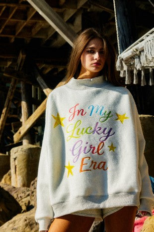 'In My Lucky Girl Era' Print Reversible Mock Neck Sweatshirt