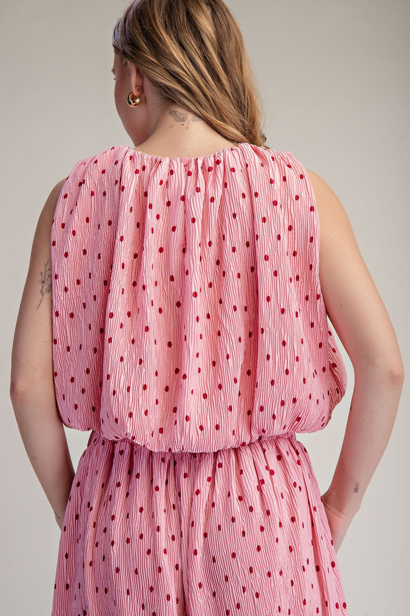 Pink Polka Dot Pleated Top & Pant Set