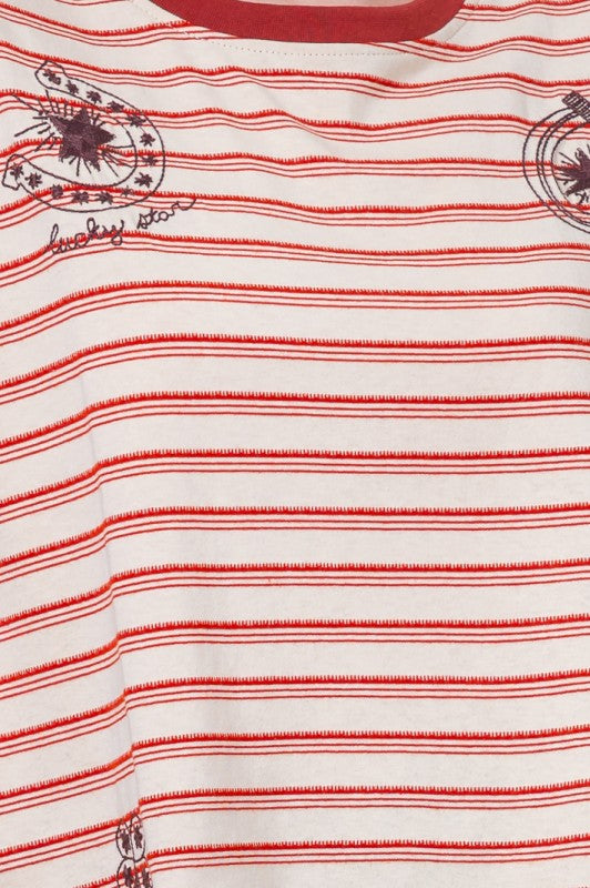 Short Sleeve Striped Horseshoe Print Embroidery Top