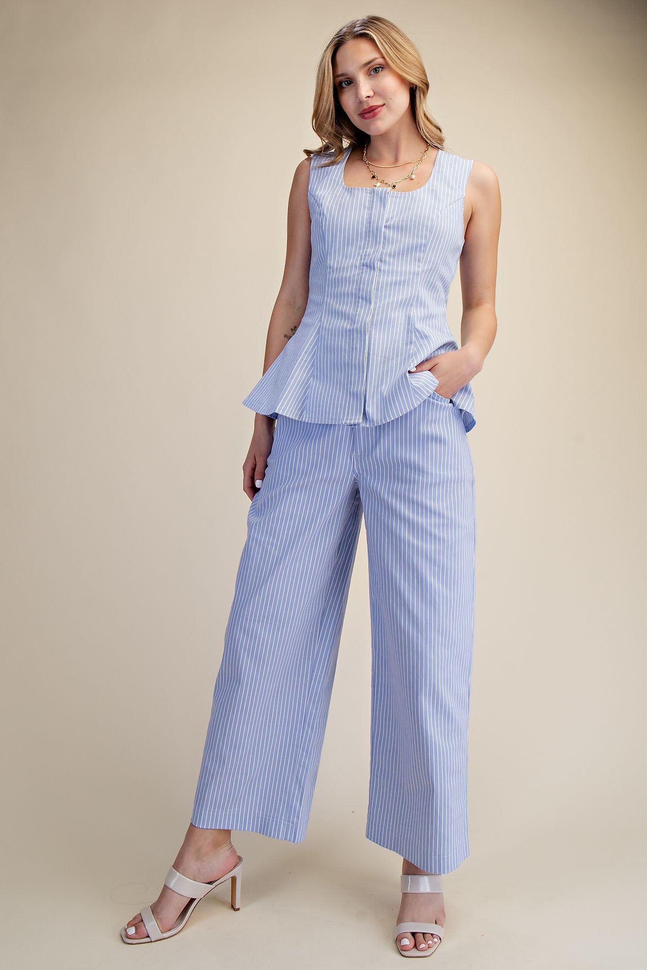High Waist Barrel Leg Stripe Casual Pants- Sky Blue