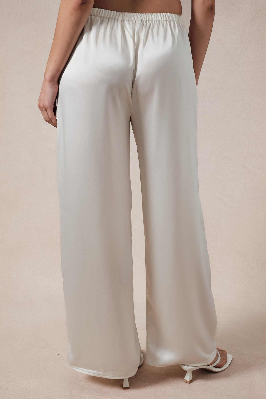 Ivory Satin Wide Leg Pants with Pockets