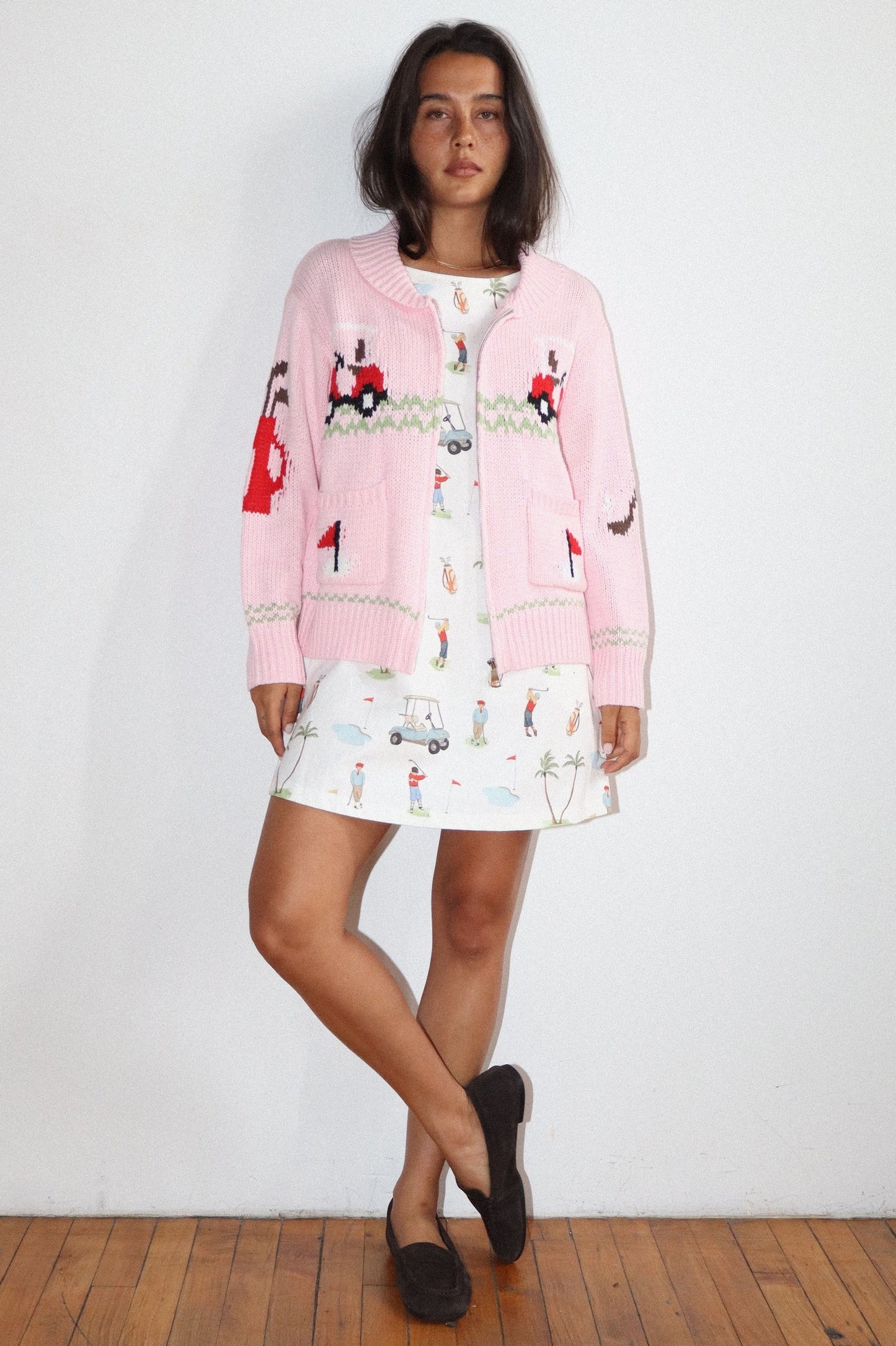 Hole in One Intarsia Zip Pink Sweater