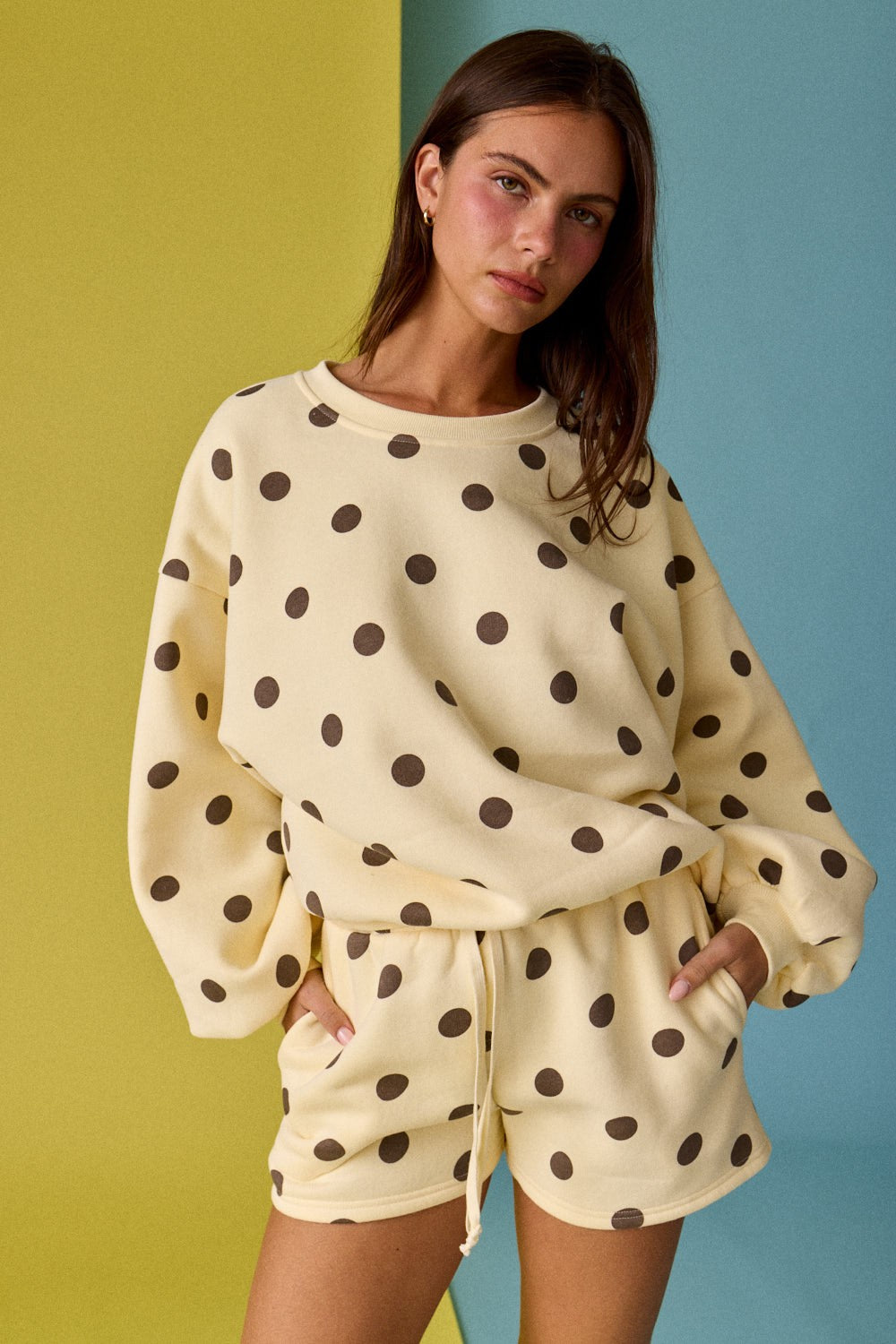 Yellow & Brown Polk Dot Fleece Short Set