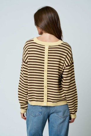 Yellow Striped Back Button Knit Sweater