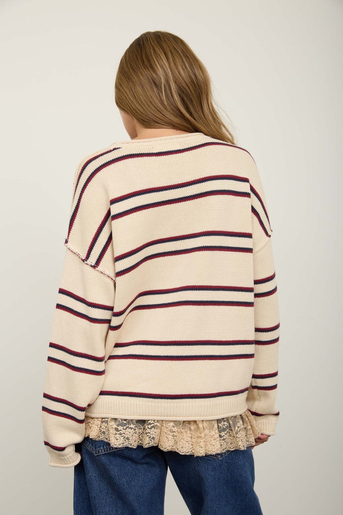 Ivory Exposed Seam Striped Pullover Sweater