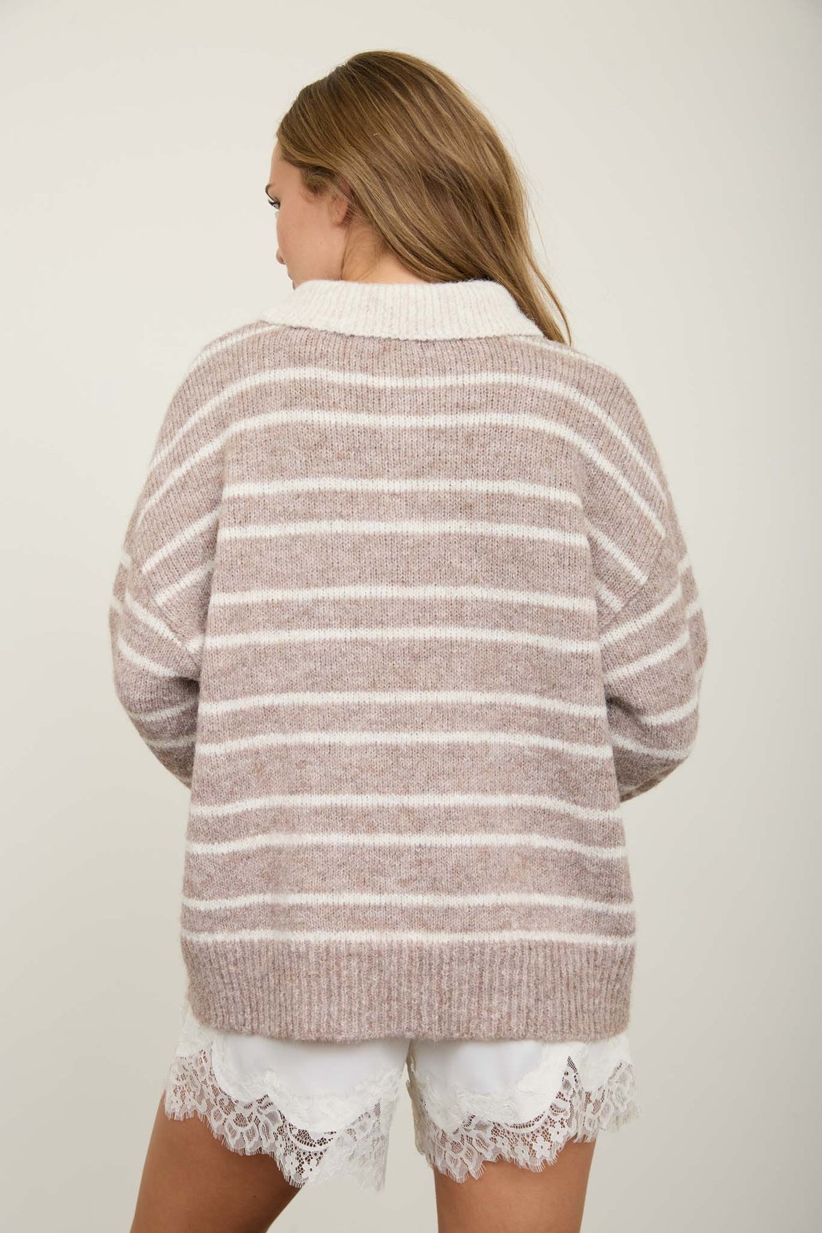 Mocha Striped Contrast Collar Fuzzy Sweater