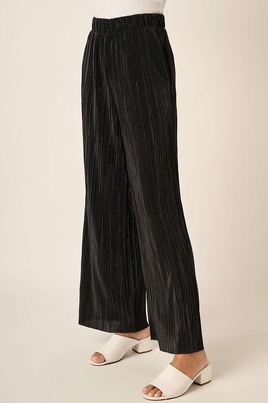 Black Pleated Satin Wide Leg Pants