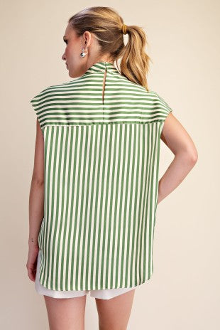 Striped Blouse with Neck Tie- Olive