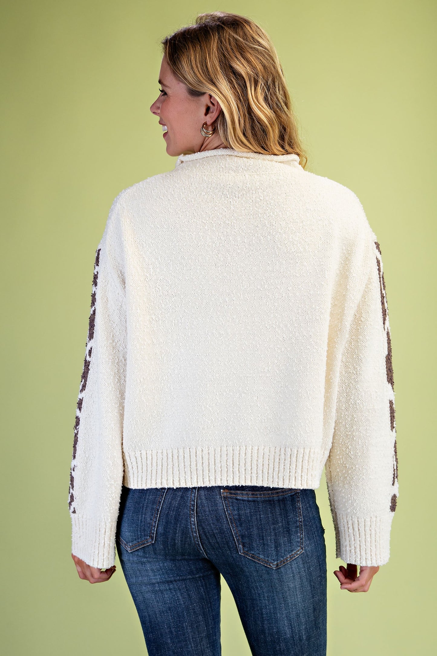Cow Motif Knit Roll-neck Sweater- Cream