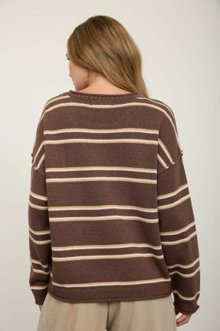 Chocolate Exposed Seam Striped Pullover Sweater