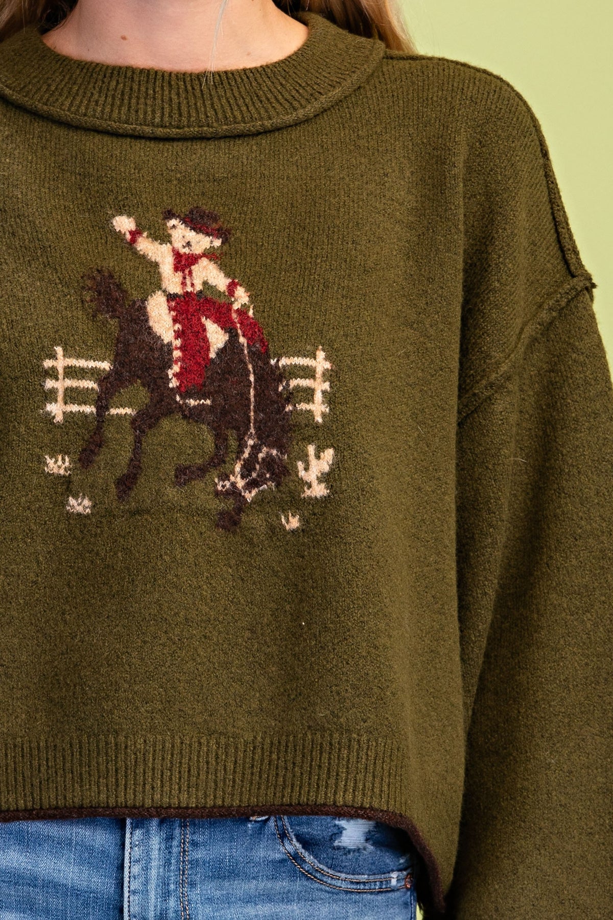 Horseback Cowboy Teddy Bear Sweater- Olive