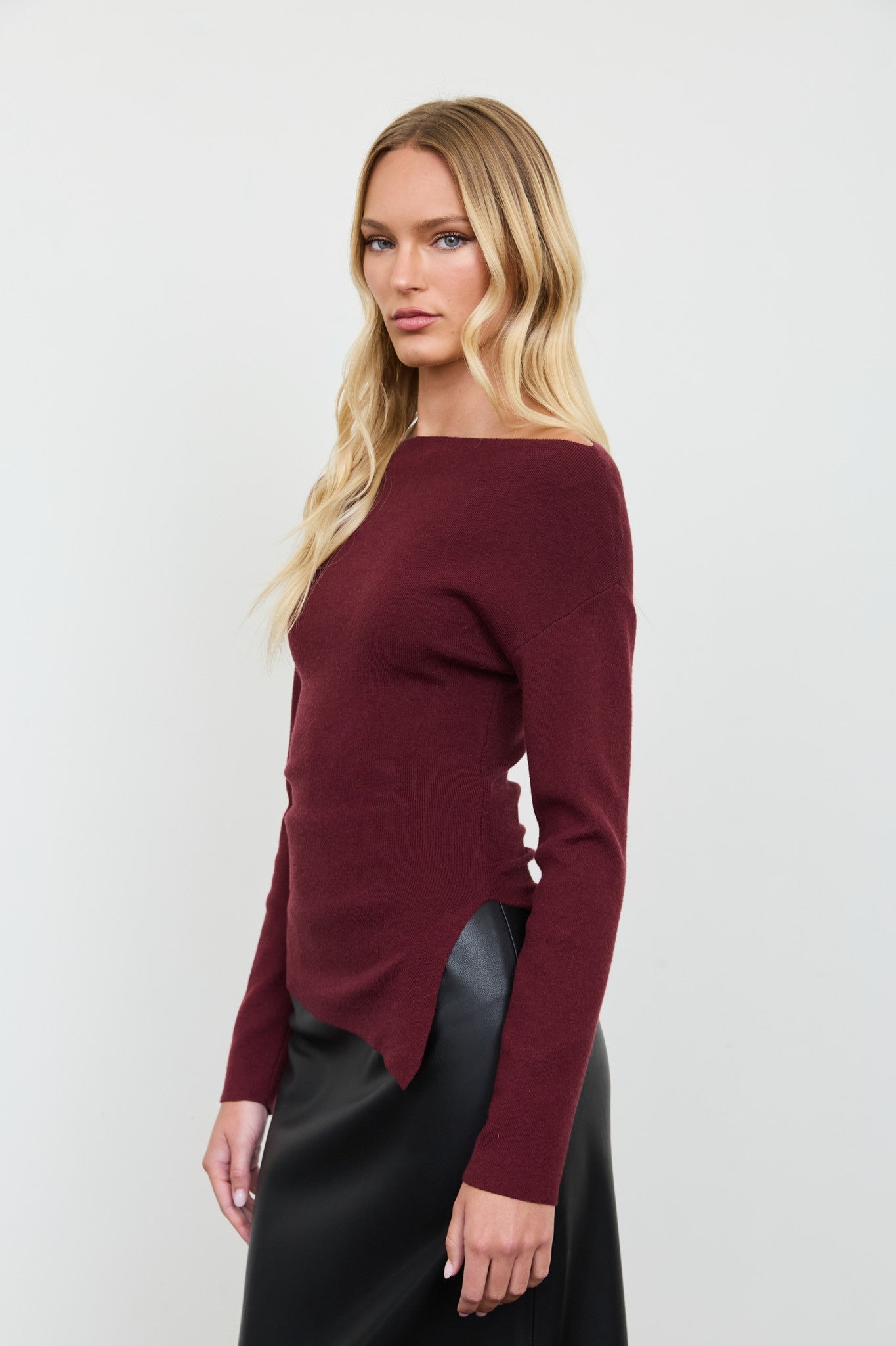 Boat Neck Dolman Knit Sweater- Burgundy
