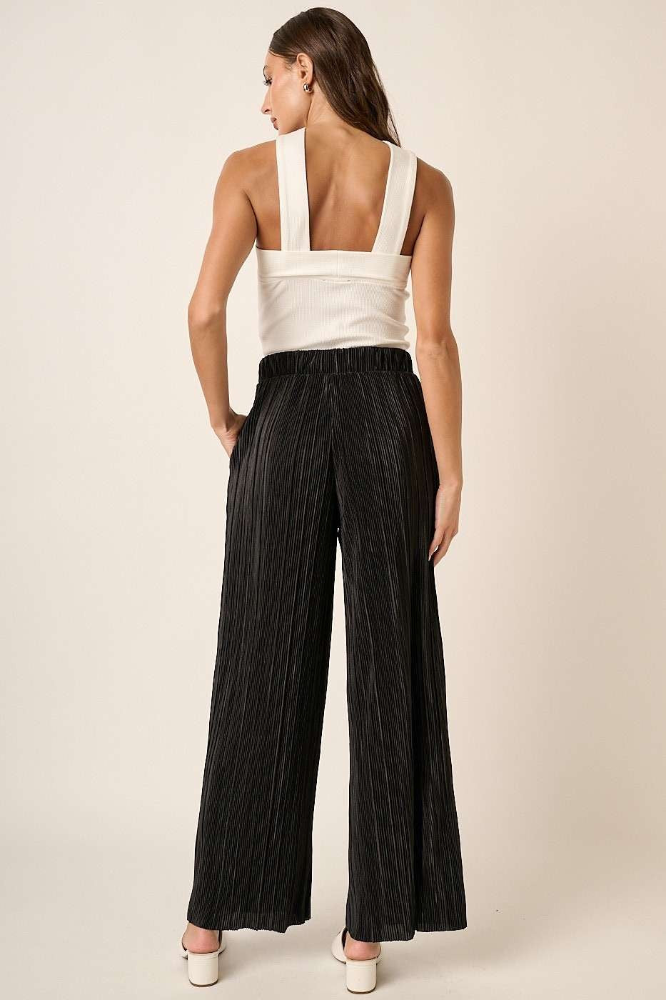 Black Pleated Satin Wide Leg Pants