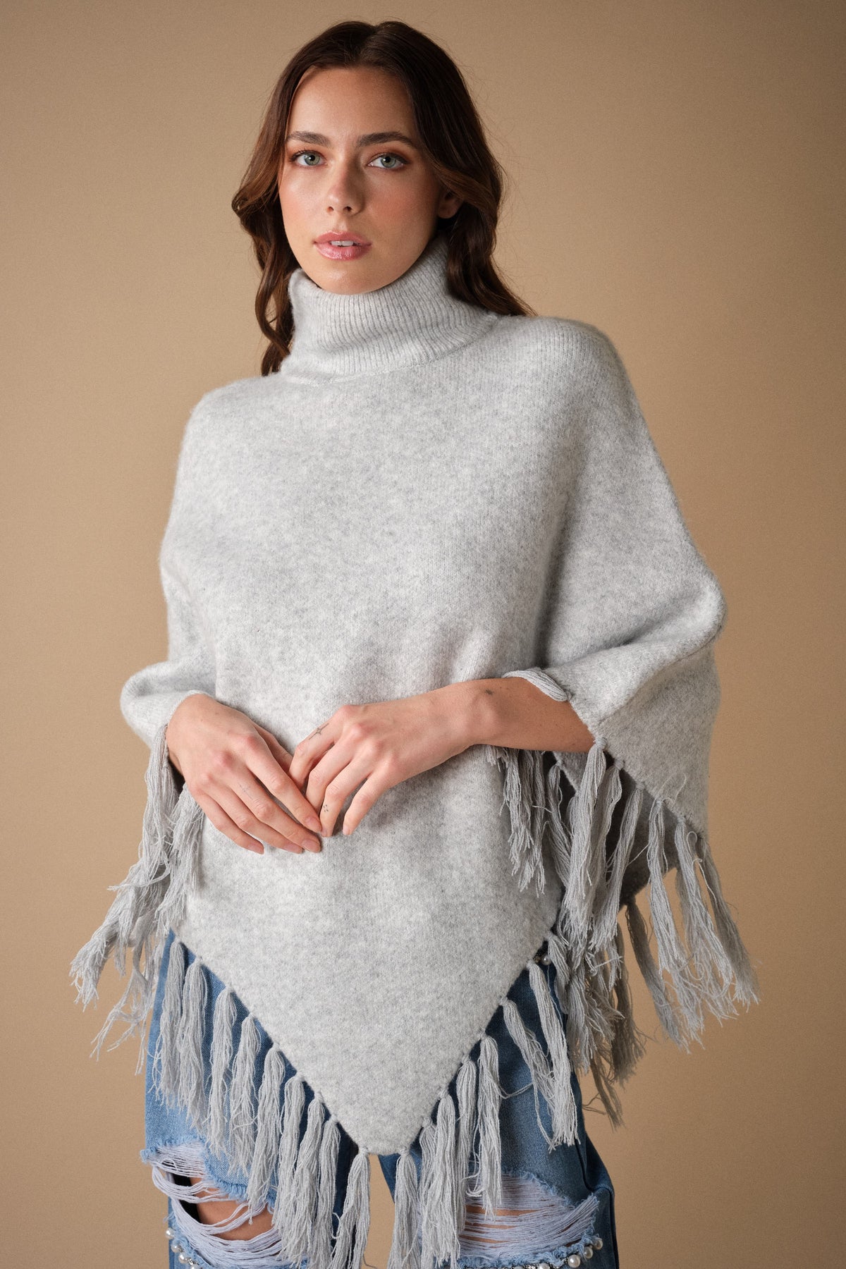Cozy Turtleneck Fringe Poncho Sweater