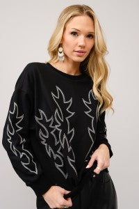 Black Western Boot Stitch Pullover Sweatshirt