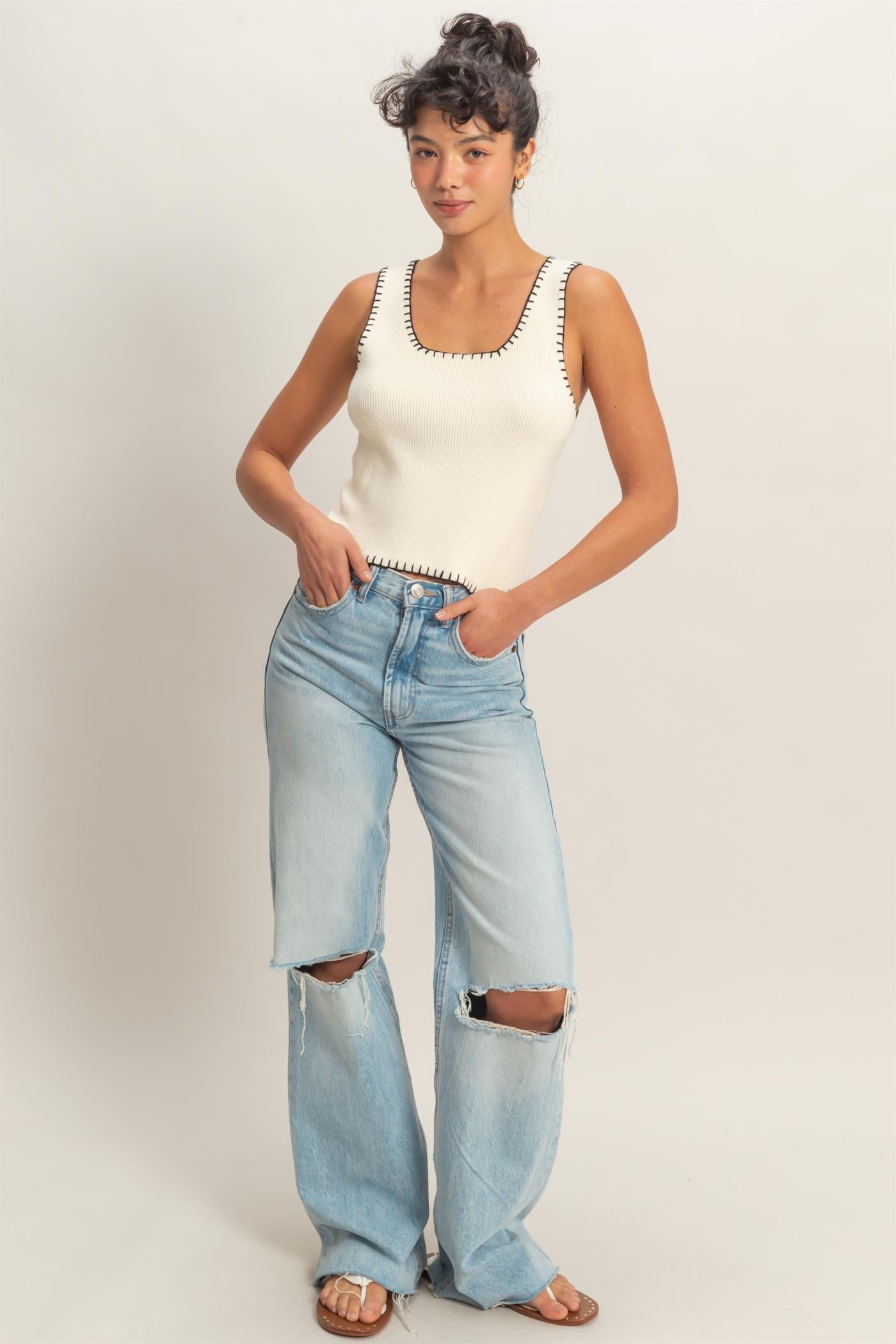 Ribbed Blanket Stitch Square Neck Tank Top