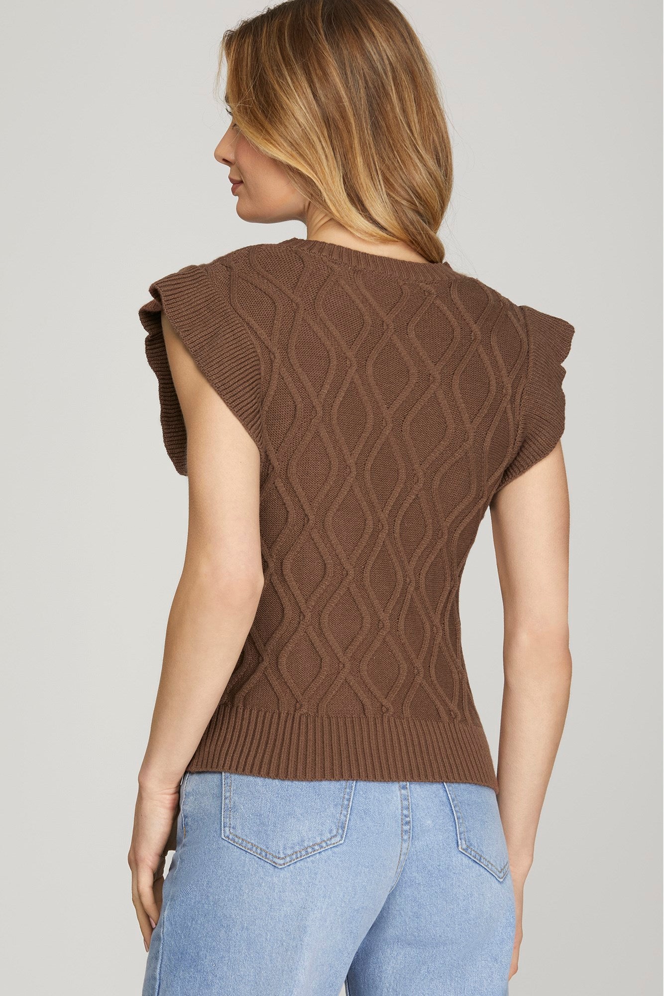 Ash Brown Ruffle Sleeve Sweater