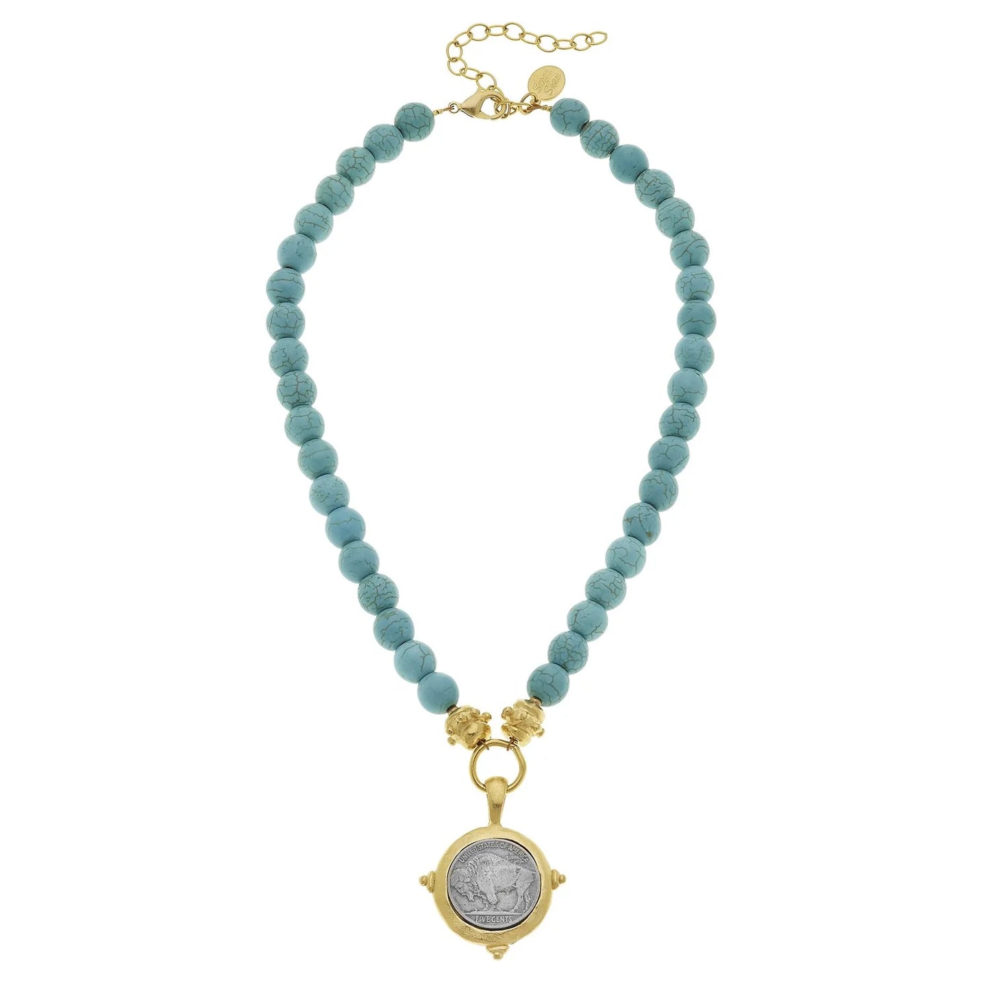 Susan Shaw Vintage Buffalo Coin Turquoise Beaded Necklace