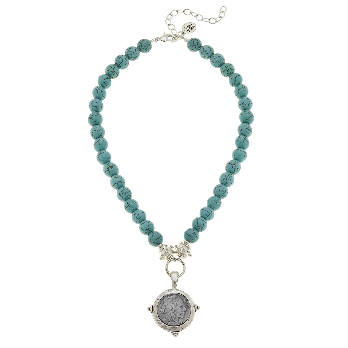 Susan Shaw Vintage Buffalo Coin Turquoise Beaded Necklace