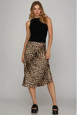 Satin Leopard Print Midi Skirt
