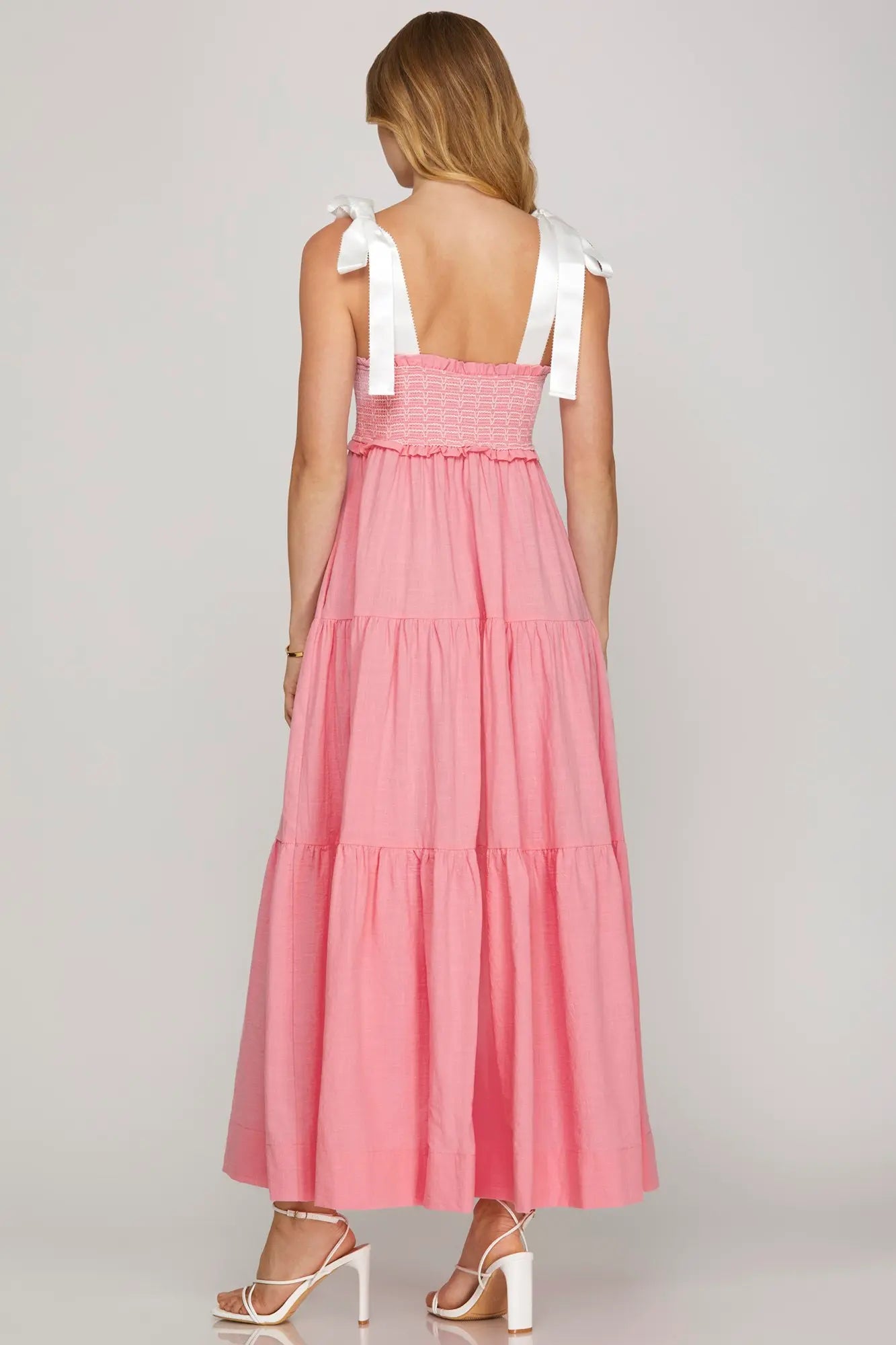 Shoulder Tie Smocked Tiered Woven Dress